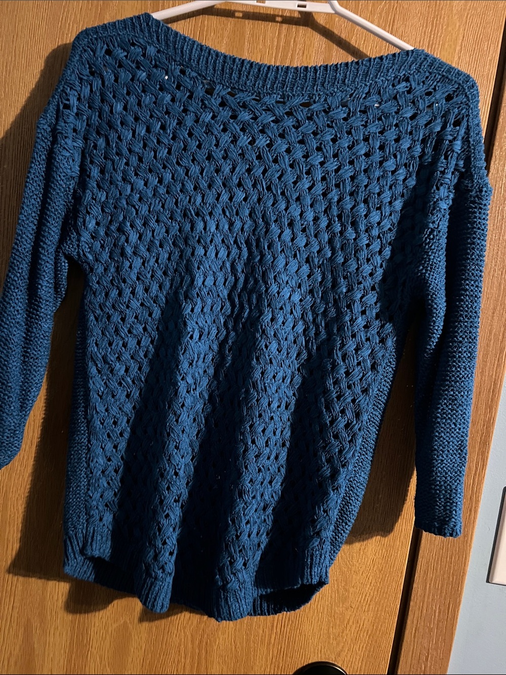 Open-Weave Blue Knit Women's Pullover Sweater